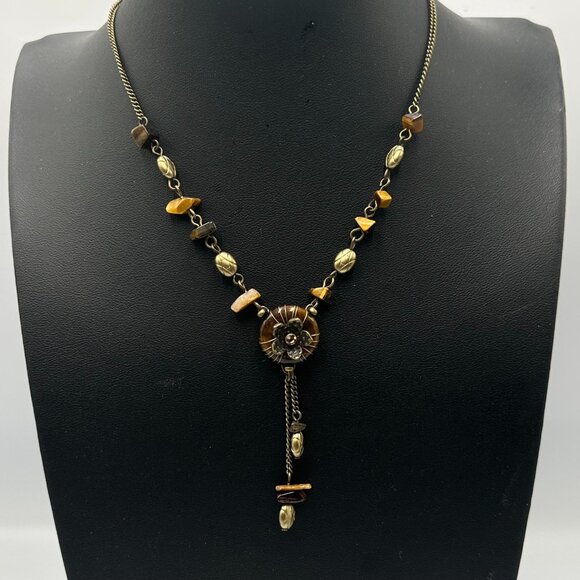 Vintage Nina Ricci for Avon Lariat Necklace Bronze Tone Tigers Eye Chip Beaded - Picture 1 of 13